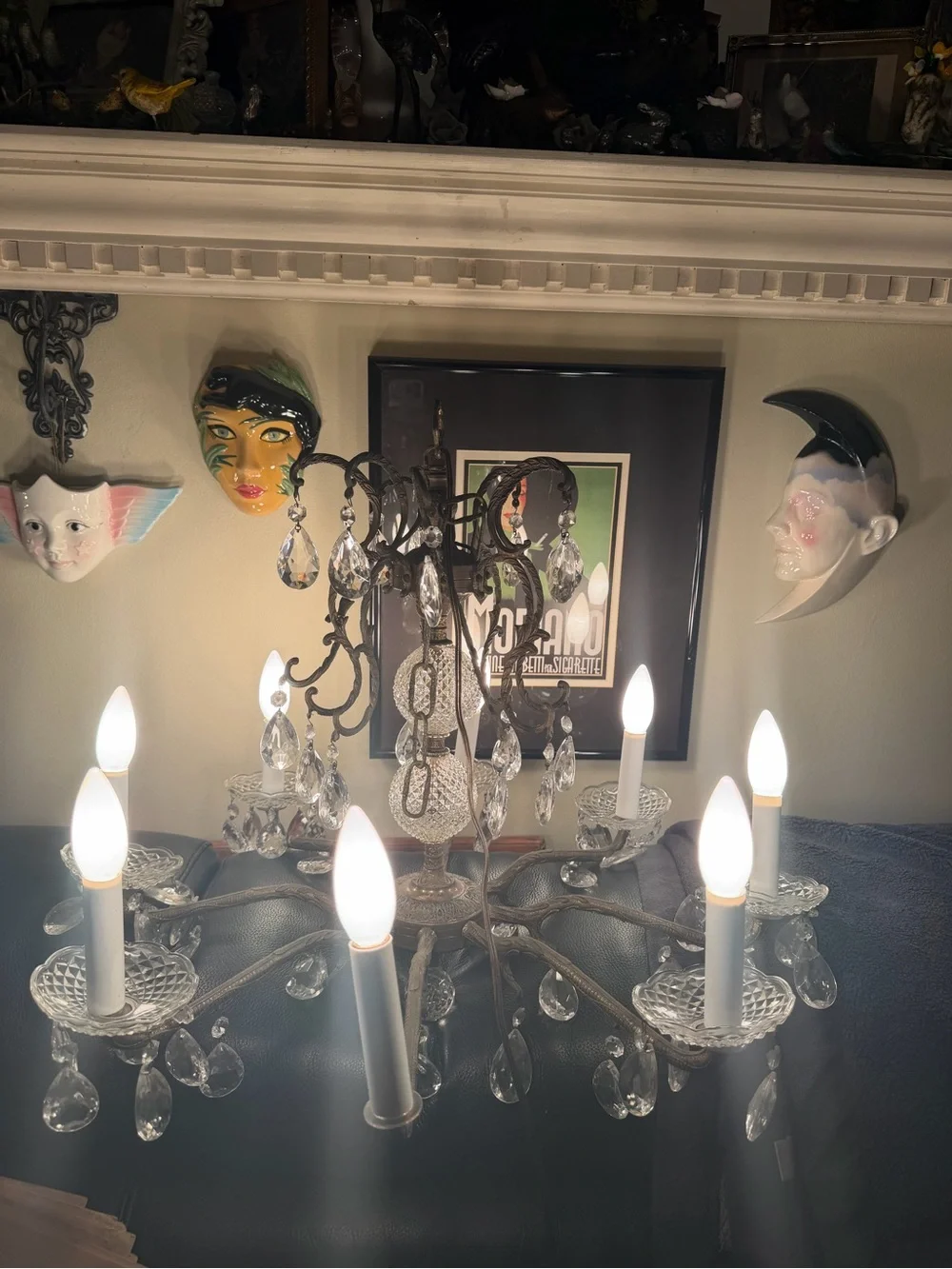 Antique Spanish Revival Brass 8 arm chandelier with leaded glass crystal prisms